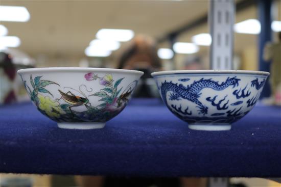 A Chinese blue and white dragon bowl and a Chinese famille rose crickets and flowers bowl, 9.2cm and 9.7cm